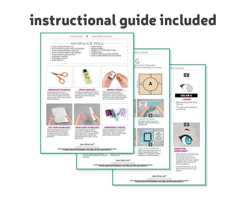 May include: A guide for embroidering human eyes. The guide includes materials, tools, and step-by-step instructions with illustrations. The instructions include "sew desu ne?" which translates to "how do you sew?"