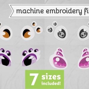 Könnte beinhalten: Ein Satz von sieben Größen an Stickdateien für Augen. Die Augen sind in verschiedenen Farben, darunter Lila, Pink und Braun. Der Text "7 Größen enthalten!" befindet sich in einem grünen Kasten.