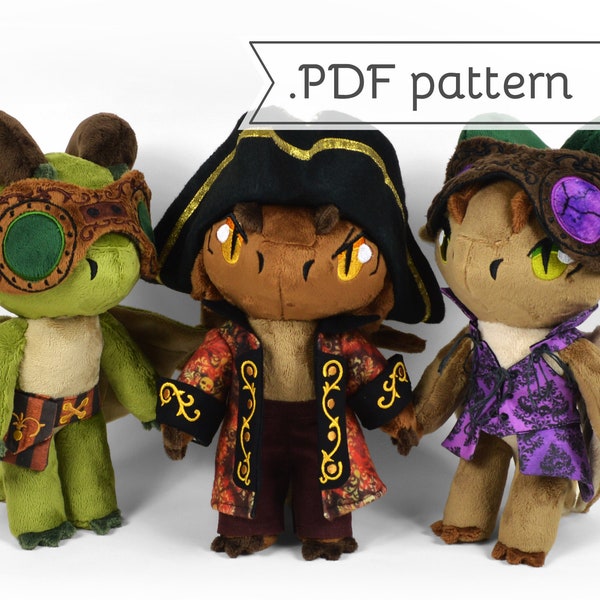 Tutorial per cucire peluche Anthro Dragon Doll .pdf con abiti da pirata e steampunk