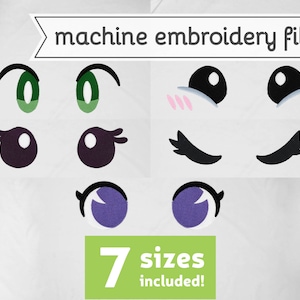 Peut inclure: Fichier de broderie machine avec différents yeux de dessin animé en vert, violet et noir. Les yeux sont dans différents styles, y compris les yeux fermés, les yeux ouverts et les yeux avec des cils. Le texte "7 tailles incluses !" est en bas de l'image.