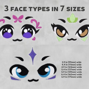 May include: Three different cartoon face embroidery designs in seven sizes. The designs include a face with a butterfly, a face with a teardrop, and a face with a diamond. The embroidery designs are available in sizes ranging from 3.9 inches to 6.9 inches wide.