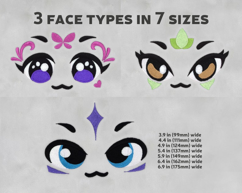 May include: Three different cartoon face embroidery designs in seven sizes. The designs include a face with a butterfly, a face with a teardrop, and a face with a diamond. The embroidery designs are available in sizes ranging from 3.9 inches to 6.9 inches wide.