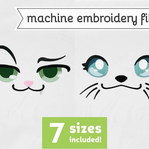 Puede incluir: Dos diseños de bordado digital de caras de gato de dibujos animados. Una cara tiene ojos verdes y una expresión astuta. La otra cara tiene ojos azules y una expresión dulce. El texto "machine embroidery file" y "7 sizes included!" también está incluido en la imagen.