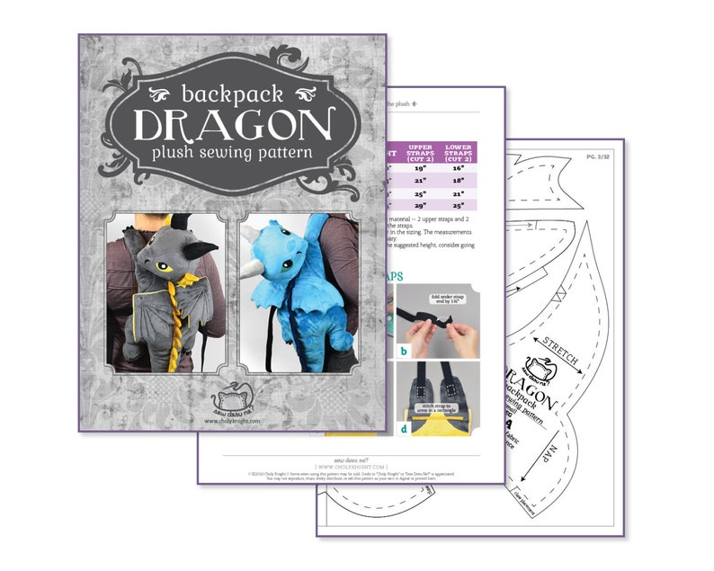 May include: A sewing pattern for a plush backpack dragon. The pattern includes instructions and templates for making a gray dragon and a blue dragon. The pattern is titled "backpack DRAGON plush sewing pattern".