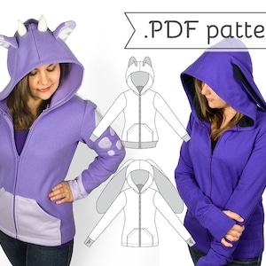 Women's Fitted Cosplay Hoodie Sewing Pattern .pdf Tutorial Hooded Jacket with Bear Cat Rabbit Fox Ears