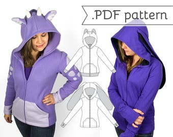 Women's Fitted Cosplay Hoodie Sewing Pattern .pdf Tutorial Hooded Jacket with Bear Cat Rabbit Fox Ears