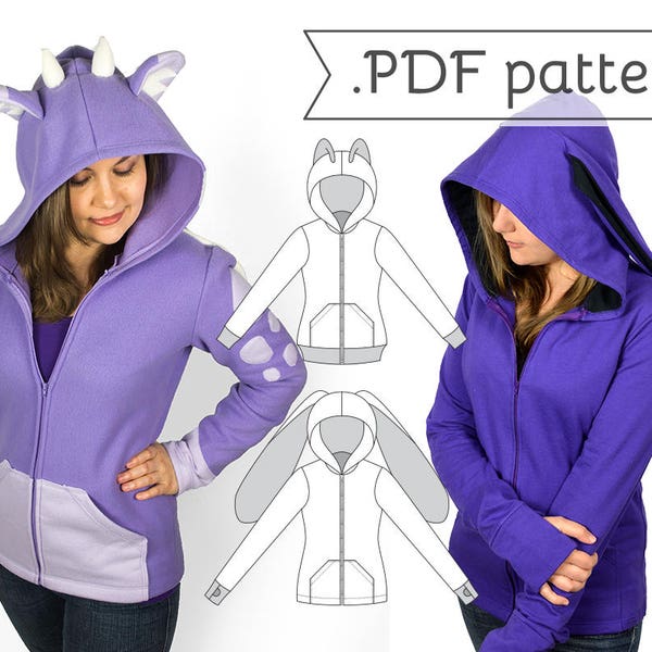 Women's Fitted Cosplay Hoodie Sewing Pattern .pdf Tutorial Hooded Jacket with Bear Cat Rabbit Fox Ears