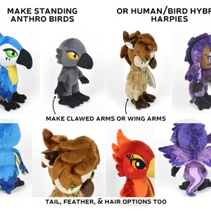 May include: A collection of plush toys depicting anthropomorphic birds and human-bird hybrids. The toys are standing upright with different colored feathers and wings. The text "MAKE STANDING ANTHRO BIRDS" and "OR HUMAN/BIRD HYBRID HARPIES" is visible at the top of the image. The text "MAKE CLAWED ARMS OR WING ARMS" is visible in the middle of the image. The text "TAIL, FEATHER, & HAIR OPTIONS TOO" is visible at the bottom of the image.