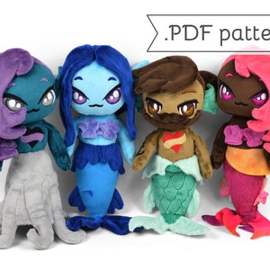 Chibi Mermaid Doll Plush Sewing Pattern .pdf Tutorial Merman Merpeople with Removable Tails and Octopus Legs