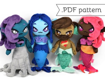 Chibi Mermaid Doll Plush Sewing Pattern .pdf Tutorial Merman Merpeople with Removable Tails and Octopus Legs