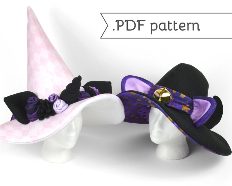 May include: Two witch hats, one pink with purple and black embellishments, the other black with purple and gold accents and a bell.  .PDF pattern.
