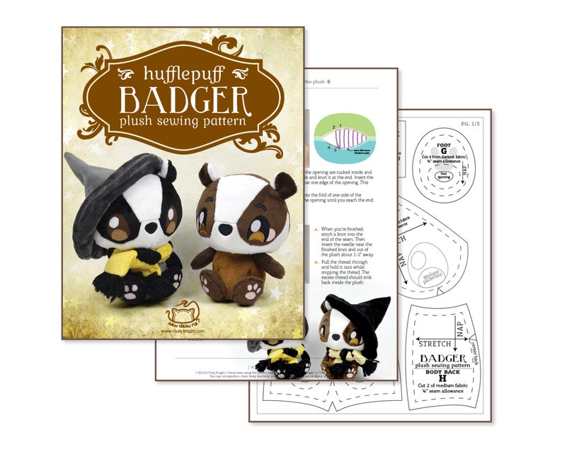 Badger Plush with Scarf /& Witch Hat Sewing Pattern .pdf Tutorial Wizard