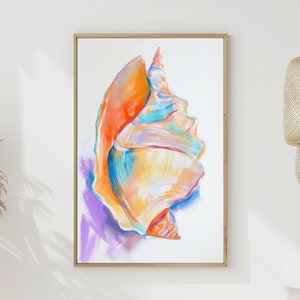 May include: A painting of a large seashell with a vibrant orange, yellow, blue, and purple color scheme. The shell is painted in a realistic style and appears to be a conch shell.
