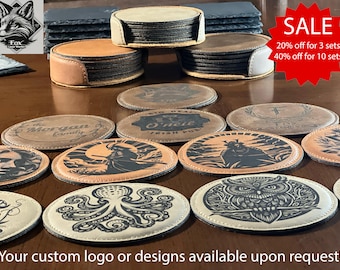 Juego de posavasos de cuero personalizados – Posavasos grabados con láser – Ideales para negocios/publicidad – Regalo de inauguración o boda – Logotipo personalizado