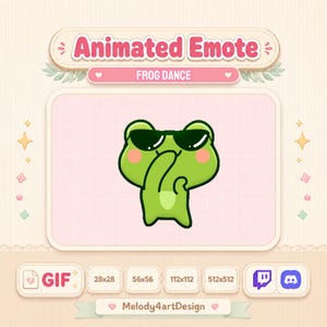 May include: An animated digital emote featuring a bright green frog wearing black sunglasses, with pink cheeks, performing a dance move. The graphic is displayed within a light-colored frame labeled Animated Emote, Frog Dance, and Melody4artDesign.