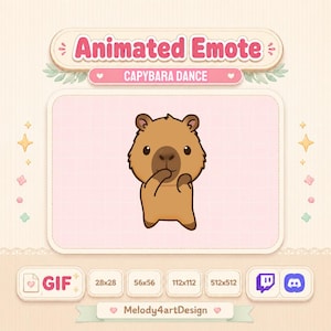 Może przedstawiać: Animowana cyfrowa emotka przedstawiająca brązową kapibarę wykonującą taniec. Grafika zawiera tekst Animated Emote, Capybaras Dance, GIF, 28x28, 56x56, 112x112, 512x512 oraz Melody4artDesign na jasnoróżowym tle w kratkę.