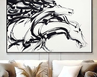 Black and white horses, Wild Horses Painting, Digital Print, Running Horse Artwork, Printable Contemporary Decor, Wall Art