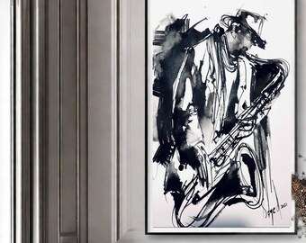 Black&White Color paint, Musician, saxophone , wall art, digital download, print on the wall, decoration, playing saxophone , music