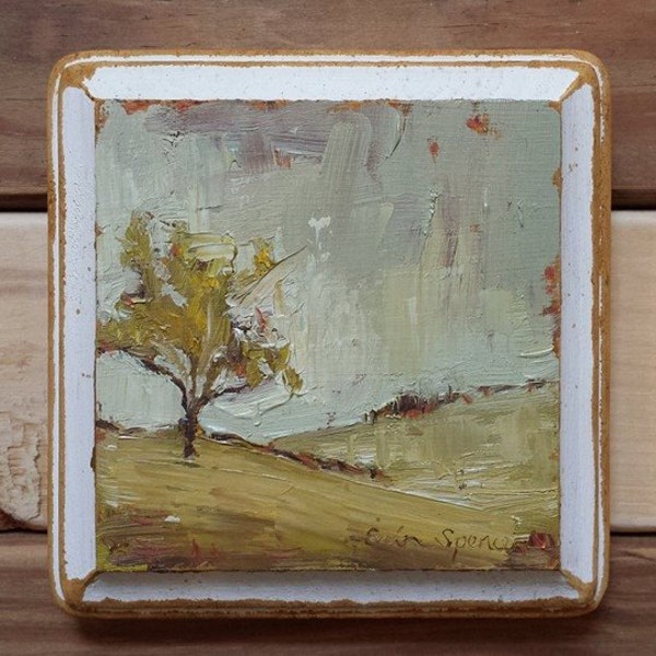 tree on hill - oil painting - 4 x 4