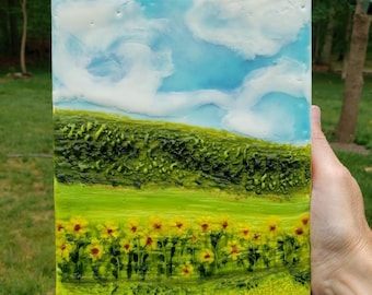 Sunflower Field – Original Encaustic Landscape Painting on Wood Panel
