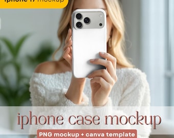 Maqueta de funda para iPhone 17 Pro: Mujer sosteniendo un teléfono, plantilla de Canva (descarga digital)