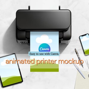 Maqueta de impresora animada, impresora doméstica personalizada para planificador imprimible y plantilla de maqueta de fotografía de Canva