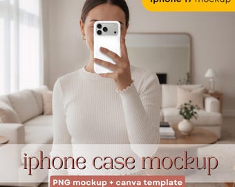 Maqueta de funda para iPhone 17 Pro / Mujer sosteniendo un teléfono / Plantilla instantánea de Canva