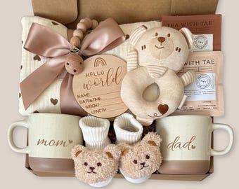 New Baby Newborn Boy Girl Baby Shower Gift Box Luxury Neutral Basket, Expectant Dad New Mom Parents Set, Ideas For Gender Reveal, Teddy Bear