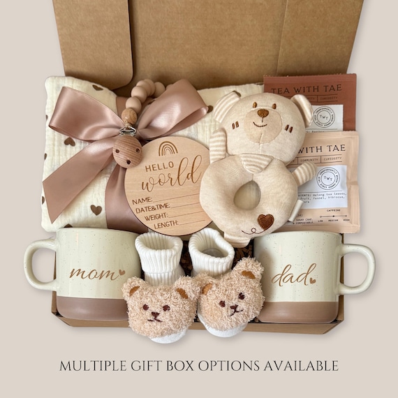 New Baby Newborn Boy Girl Baby Shower Gift Box Luxury Neutral Basket, Expectant Dad New Mom Parents Set, Ideas For Gender Reveal, Teddy Bear