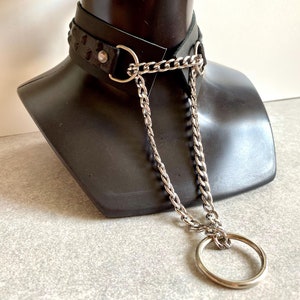 Leather choker necklace with ring on a chain, two types black leather  duet and small spike studs for extravagant look of a sub or cosplay