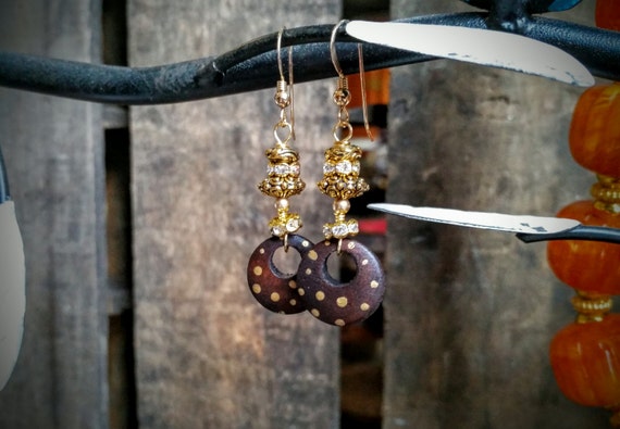 Stolen Dance Handpainted Gold Polka Dot Wood Earrings Small Hoops