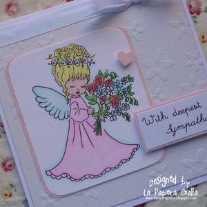 With Deepest SYMPATHY - Carte de voeux vierge faite main avec un adorable petit ange fleuri