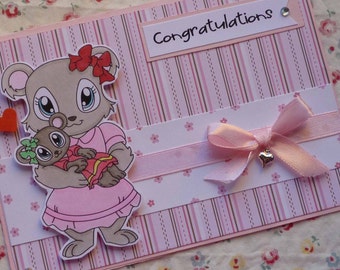 CONGRATULATIONS - Handmade blank greeting card with adorable bears for a new baby girl