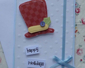 HAPPY HOLIDAYS - Handmade blank greeting card with Christmas hat