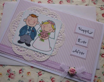 HAPPILY EVER AFTER - Handmade blank greeting card with sweet bride and groom