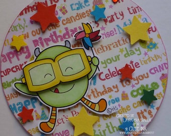 It's Your BIRTHDAY - Handmade blank greeting card with adorable little monster and pinwheel