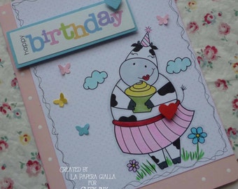 HAPPY BIRTHDAY - Handmade blank greeting card with sweet cow with cupcake