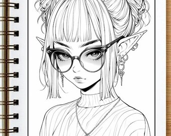 May include: Line art drawing of a person with long hair styled in two buns, wearing glasses, a turtleneck sweater, and a necklace with a square pendant.