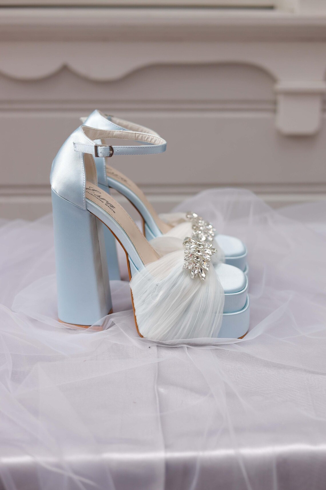Luxurious Baby Blue Satin Platform Heels With Crystal Embellishment ...