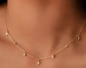 18K Gold Plated Necklace With 925 Sterling Silver Zircon Star Charms, Woman&#39;s Necklace, Gift For Her, Handmade Necklace, Luxury Necklace