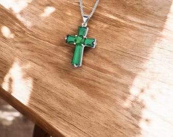 Emerald Cross Pendant 925 Sterling Silver Necklace for Women, Real Gemstone Christian Jewelry, Gift-Ready, Anniversary Gift