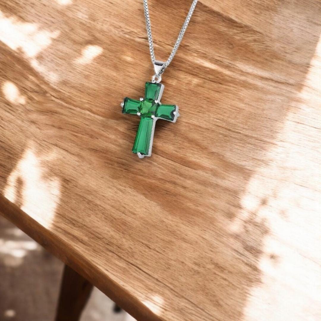 Emerald Cross Pendant 925 Sterling Silver Necklace for Women, Real Gemstone Christian Jewelry, Gift-Ready, Anniversary Gift