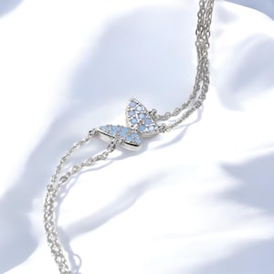 Pulsera de mariposa de ópalo azul, plata 925, cadena de doble capa para mujer, joyería de verano, pulsera de mariposa de plata, pulsera de plata