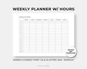 Weekly Planner, Weekly Planner with Hours, Hourly Weekly Schedule Landscape, Week at a glance, Instant Download, Printable, Weekly Agenda