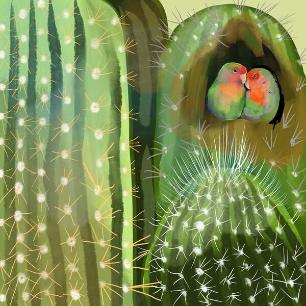 Cactus Love Birds, Impresión, 8"x8"