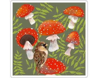 Sparrow, Mushrooms and Ferns Sticker