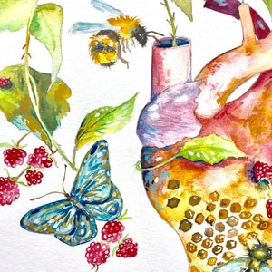 Anatomical Heart Giclee Print, Bees and Raspberry Art, Watercolor Painting, Garden Heart, Watercolor Heart 8x10 image 5