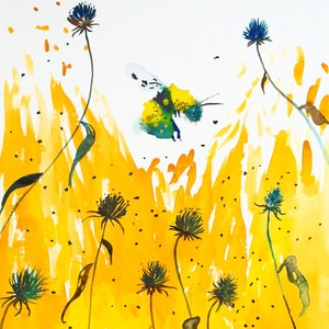 Pintura em aquarela Bumblebee em Blackeye Susans, impressão giclée 8&quot;x10&quot;