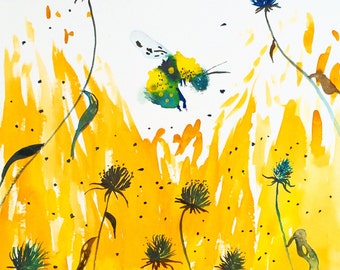 Watercolor Painting Bumblebee in Blackeye Susans, Giclee Print 8"x10"