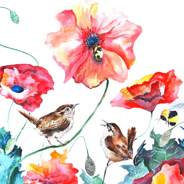 Watercolor Painting, Original Painting, Bird Painting, Bees, Poppies, Large, 18"x24"